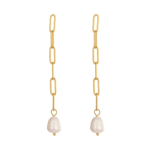 Elegant 18K gold plated stainless steel paperclip chain earrings with baroque pearls