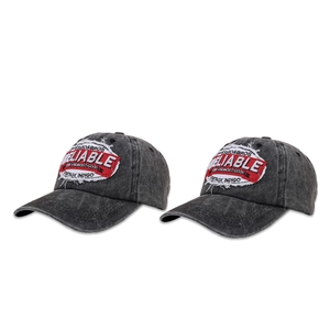 Two vintage washed cotton baseball caps in dark grey with red reliable embroidery patch