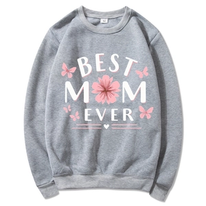 Gray long-sleeve Best Mom Ever sweatshirt featuring pink floral and butterfly patterns