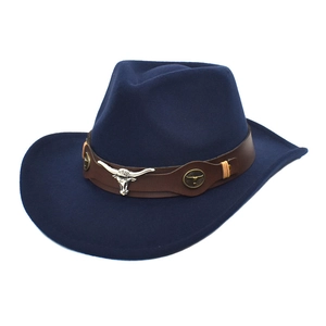 Western Cowboy Hat Woolen Felt Wide Brim With Leather Band Metal Bull Head Buckle Fedora Style Unisex Outdoor Accessory
