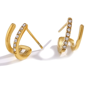 18K gold-plated double-layer U-shaped stud earrings featuring sparkling white zircon stones