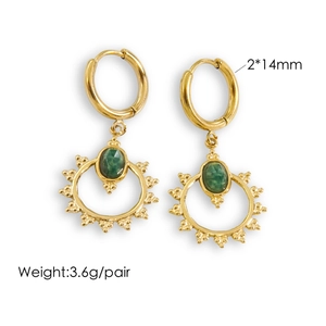 Detailed view of gold sunburst earrings with green gemstones and 2x14mm dimensions