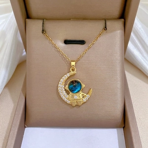 Astronaut Moon Pendant Necklace With Stainless Steel Chain Copper Zirconia Inlay Luxury Space Jewelry For Women
