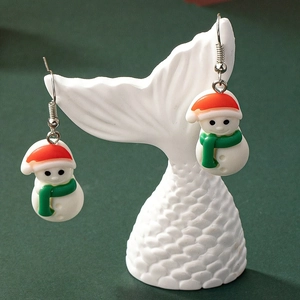 Set of Christmas snowman earrings with red hats and green scarves on display stand