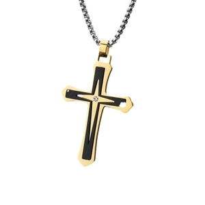 Hip hop style double-layer gold and black cross pendant necklace with sparkling crystal inlay