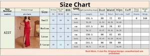 Detailed size chart for red sequin slit evening dress featuring US EU UK measurements
