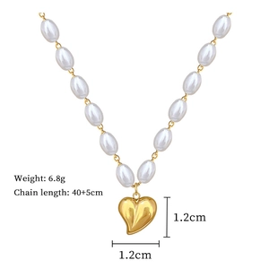 Detail of gold titanium steel necklace with pearl beads and heart pendant dimensions