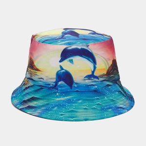 Fashionable summer bucket hat with colorful dolphin ocean graffiti and sunset prints