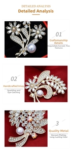 Detailed view of hand-set crystals and pearl on gold-plated floral brooch accessory