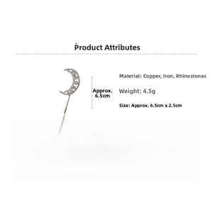 Detailed size and material specs for the diamond-studded star and moon hair clip accessory
