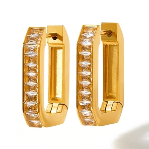 Gold rectangular hoop earrings featuring channel-set clear baguette-cut zircons for women