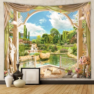 Detail of wall tapestry featuring a high-definition European garden balcony landscape