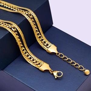 Three-layer gold titanium steel flat snake and cuban chain bracelet for women