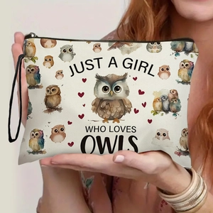 Canvas owl makeup bag with 'JUST A GIRL WHO LOVES OWLS' quote and black wristlet strap