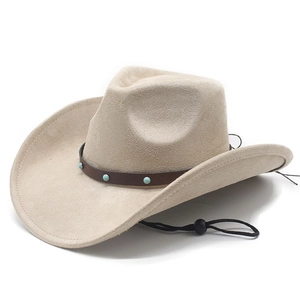 Western suede cowboy hat in beige with turquoise studded leather band and chin strap