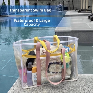 Detail of waterproof mesh beach bag with pink and yellow straps by the swimming pool