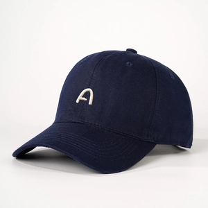 Navy blue cotton baseball cap with embroidered letter A and adjustable strap