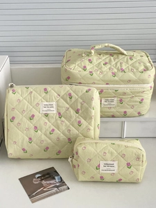 Quilted Cotton Floral Makeup Bag Toiletry Cosmetic Pouch Zipper Tulip Print Travel Organizer For Women