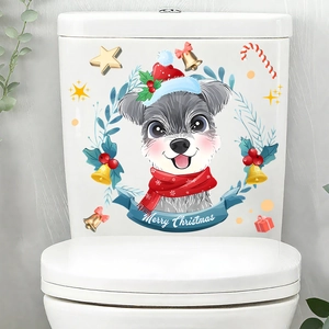 Detail of Christmas toilet sticker with cartoon Schnauzer dog and Merry Christmas text