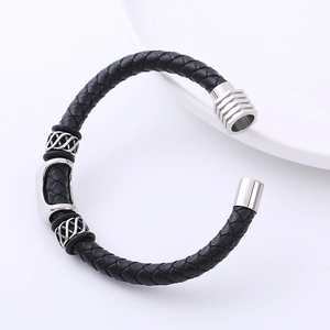 Bracciale retrò in pelle intrecciata da uomo con testa di leone argento e chiusura magnetica