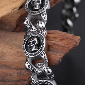 Vintage silver skull bracelet for men with detailed relief and retro flower buckle design