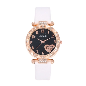 Amadi women's star dial watch with rose gold diamond bezel and white leather strap