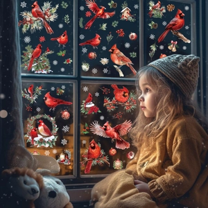 Weihnachtsfensterbilder mit roten Kardinalvögeln und Schneeflocken für festliche Deko