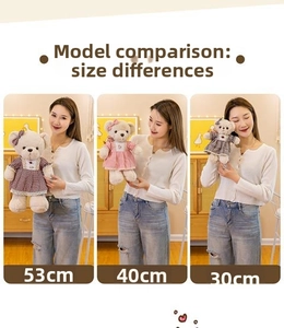 Size comparison of teddy bear plush toys showing 30cm, 40cm and 53cm options