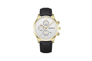 Detail of Geneva men's watch with gold case, black leather strap and Roman numerals dial