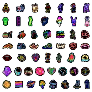Flat lay of colorful neon graffiti stickers featuring various pop culture character designs