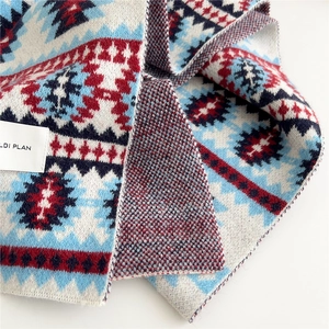 Detailed close-up of knitted scarf showing geometric ethnic patterns and brand label