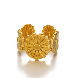 French vintage style stainless steel daisy flower open ring in gold finish