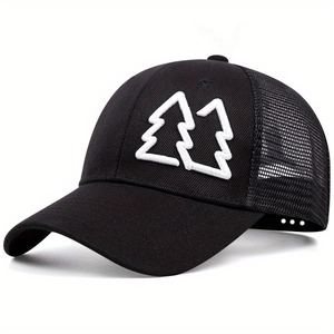 Cappellino trucker nero con ricamo doppio albero bianco e rete posteriore traspirante