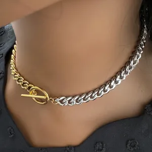Two-tone 9mm gold and silver Cuban link necklace with stylish round toggle OT clasp
