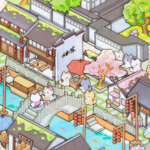 3D isometric Suzhou water town illustration sticker with cute cats and colorful scenery