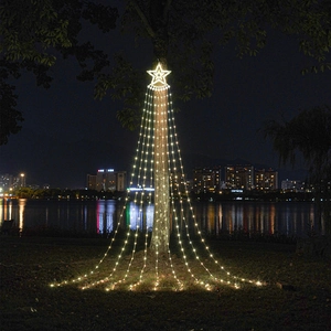 Close-up of warm white LED star waterfall lights hanging on a tree by a lake at night