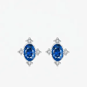 Stud Earrings With 925 Sterling Silver Earring Post Oval Blue Stone Vintage Elegant Geometric Retro Jewelry For Women
