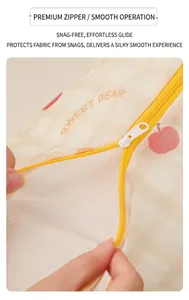 Detail of a plaid laundry bag showing a smooth yellow zipper and sweet bear pattern