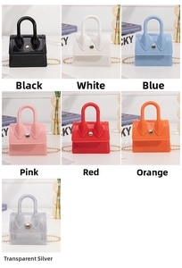 Detailed grid view of mini silicone jelly handbags in seven vibrant fashion colors