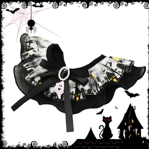 Halloween Pet Collar Lace Bib With Large Satin Bow And Ghost Bell Pumpkin Print Adjustable Neck Accessory For Cats Dogs