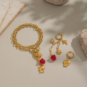 Gold-plated 18K stainless steel jewelry set with red berry and gold nature charms