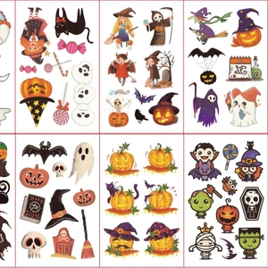 Cartoon Halloween temporary tattoos with pumpkin, witch and ghost designs for children