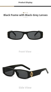 Detail of rectangular sunglasses featuring wide temples and gold geometric metal accents