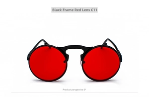 Close-up of steampunk round metal sunglasses with black frame and red lenses, model C11