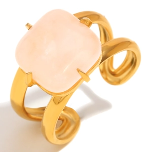 Bague ouverte en acier inoxydable doré 18 carats avec pierre rose carrée centrale