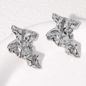 Irregular lava texture silver stainless steel stud earrings in minimalist French style