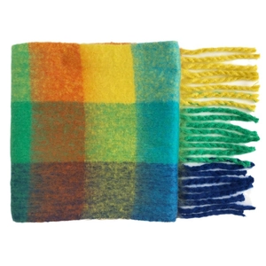 Thick colorful plaid wool scarf with decorative tassels for winter warmth on white background