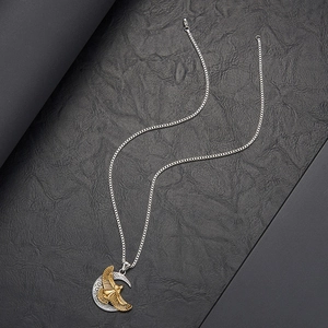 Detail of silver box chain and crescent moon pendant with golden eagle emblem
