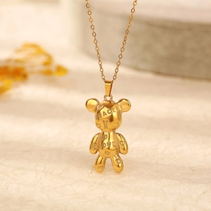 Golden titanium steel bear necklace with Peace and Love engraving on light background