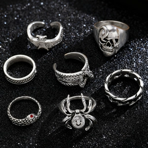 Close-up of a 7-piece vintage gothic ring set featuring skull, spider, and snake designs